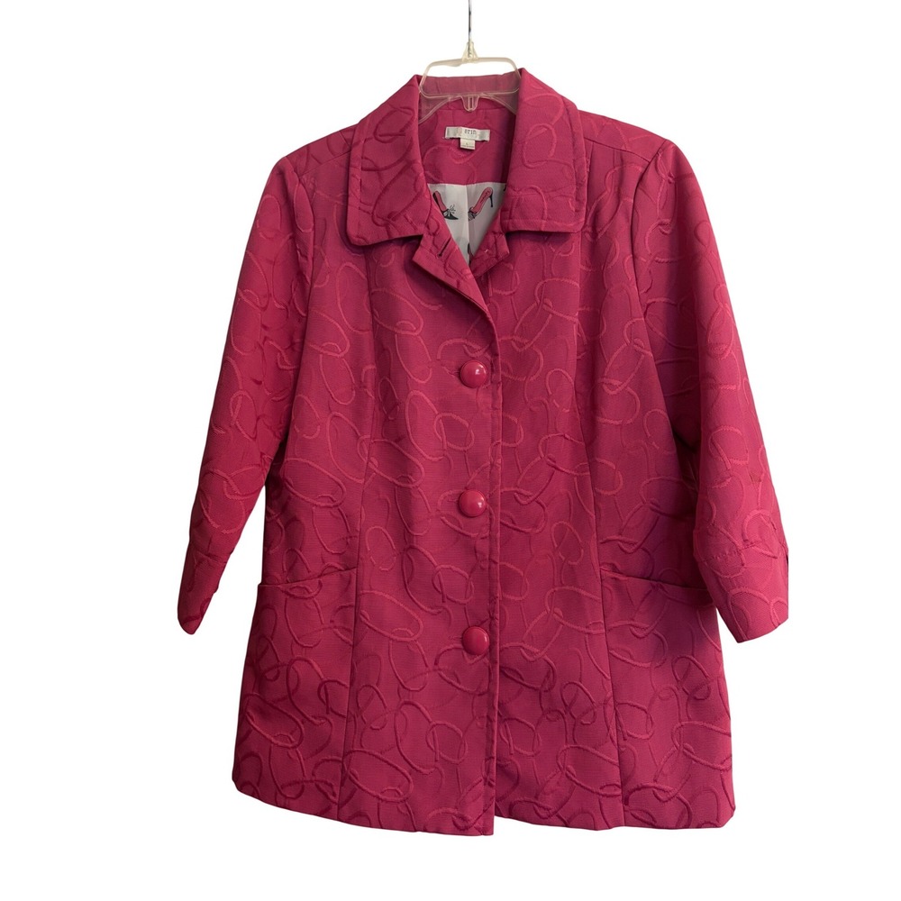 Erin London Hot Pink‎ Jacquard Button Front Jacket 3/4 Sleeve Size L Chic City